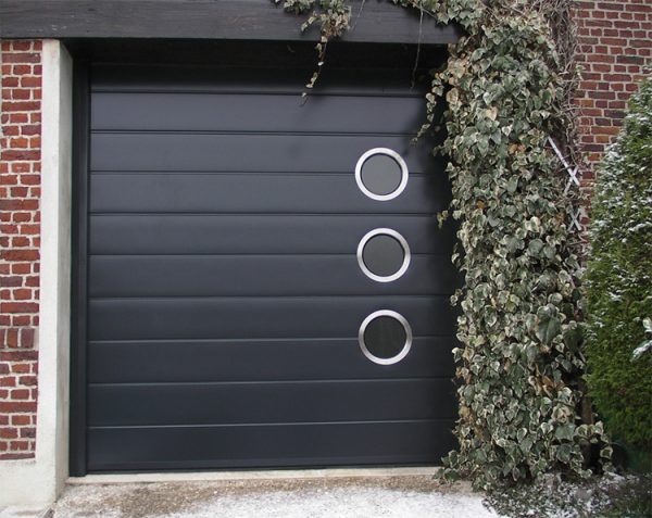 Porte de Garage Monorainurée avec Hublots Ronds Inox